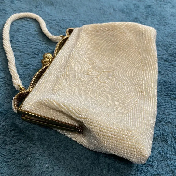 Vintage Women's Handbag Made In Japan Ivory White Italian Bead Purse Clasp - Picture 15 of 16